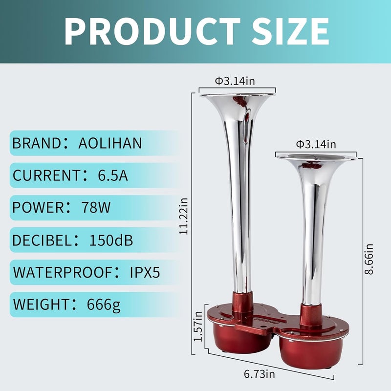 AOLIHAN بوق قطار 150DB للشاحنات، بوق كهربائي فائق الصوت 12V، بوق موضة مطور، بوق هوائي للشاحنات/SUV/فان/سيارة/دراجة نارية (بوق كهربائي أحمر 12V) - Image 2